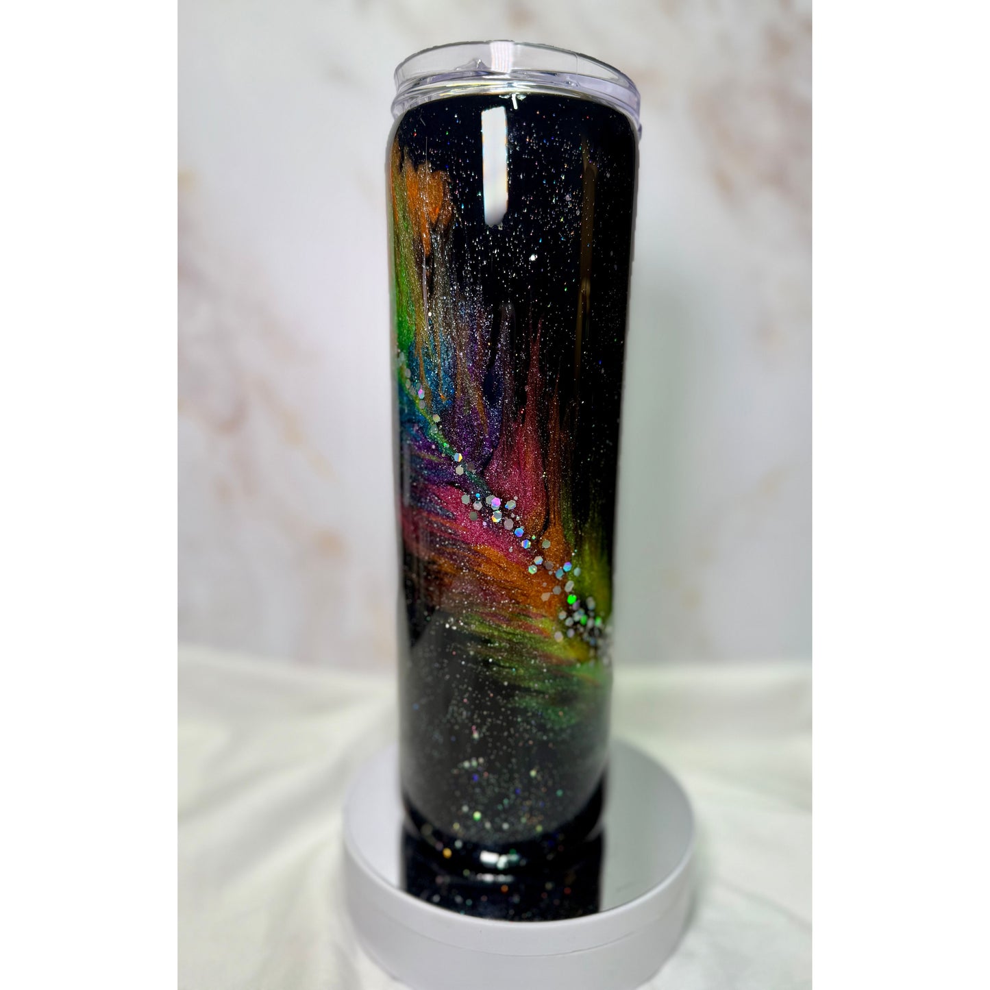 #604 Sparkly Rainbow Glow Feather on 30oz Stainless Tumbler