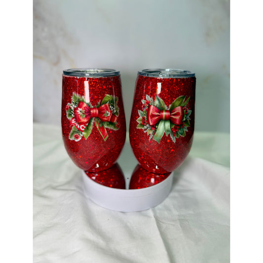 #612 Two Matching Red Glitter 14oz Wine Stainless Tumblers