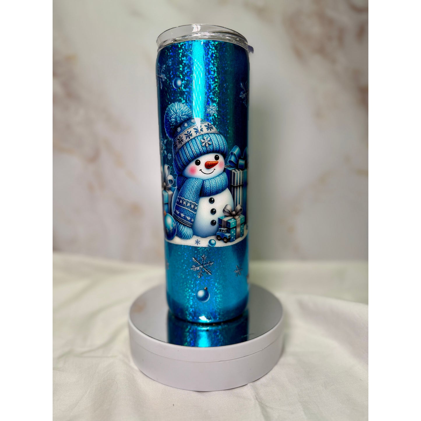 #619 Shinny Blue Foil Snowman on 20oz Stainless Tumbler