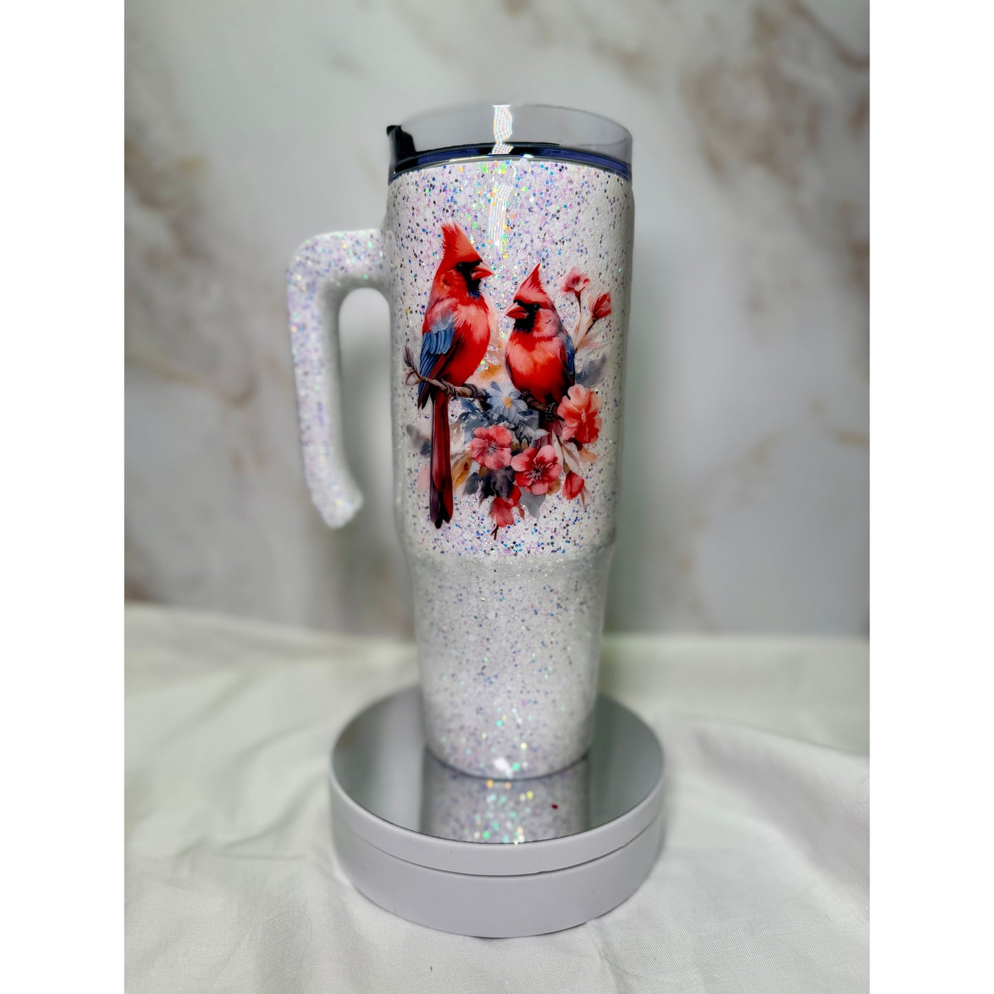#625 Snow Glitter with Cardinals on 30oz Grippy Stainless Tumbler