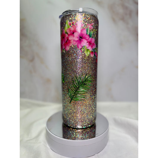 #624 Gold Glitter Monstera and Flower 20oz Stainless Tumbler