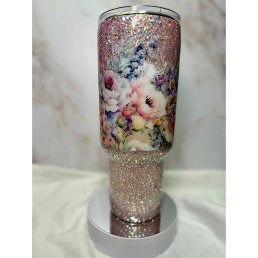#630 Floral Wrap Around on a Gorgeous Glitter 40oz Stainless Tumbler