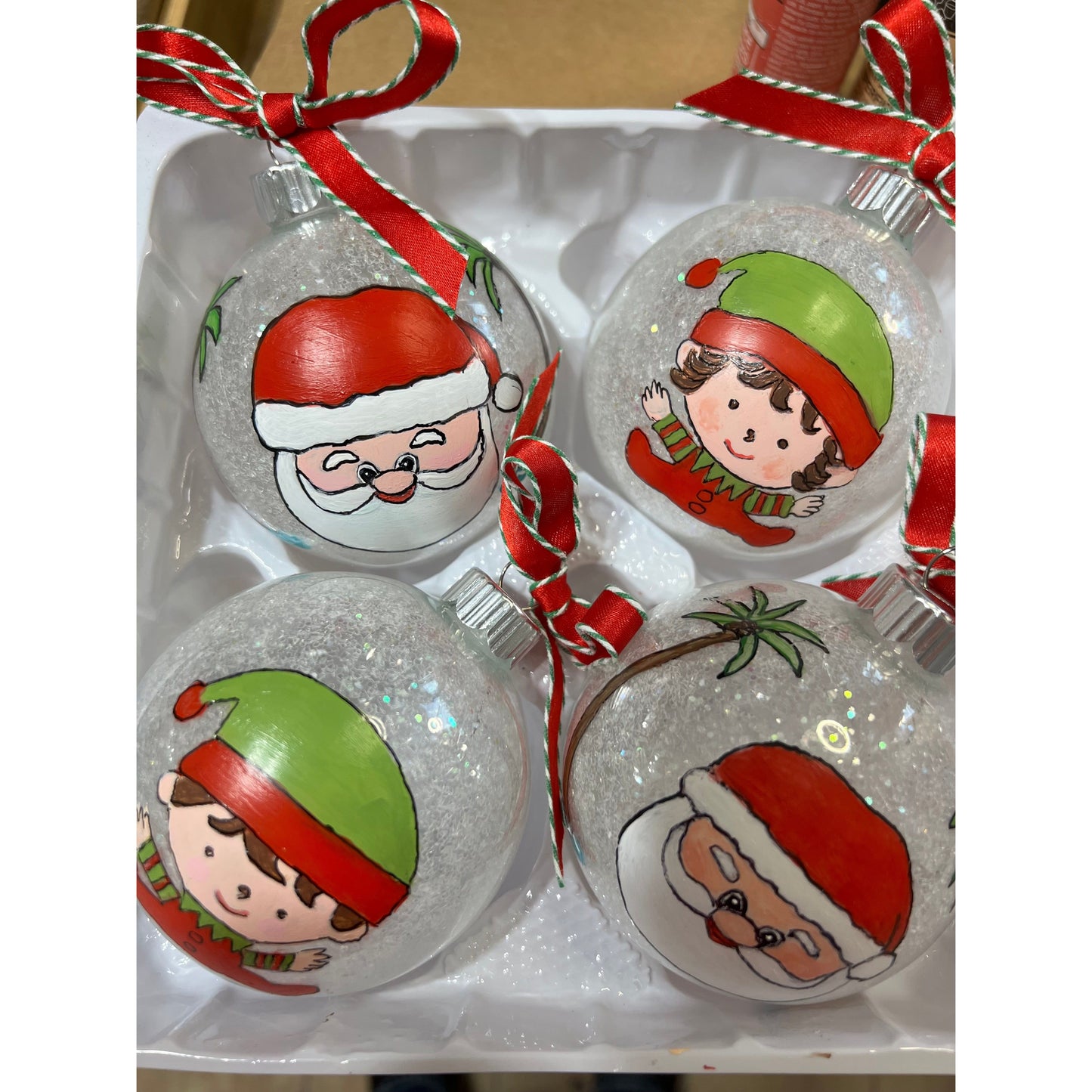 Hand Painted Santa and Elf Glass Ornaments (4) Set