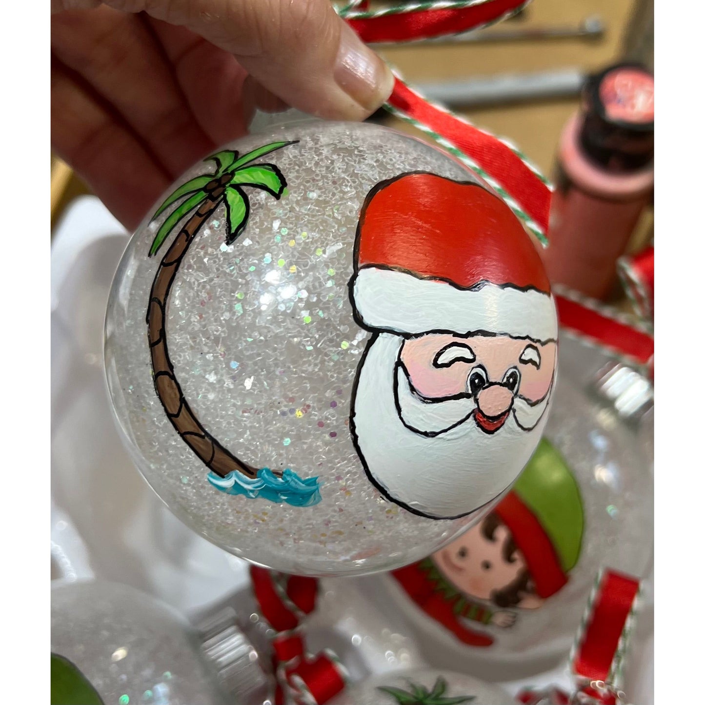 Hand Painted Santa and Elf Glass Ornaments (4) Set