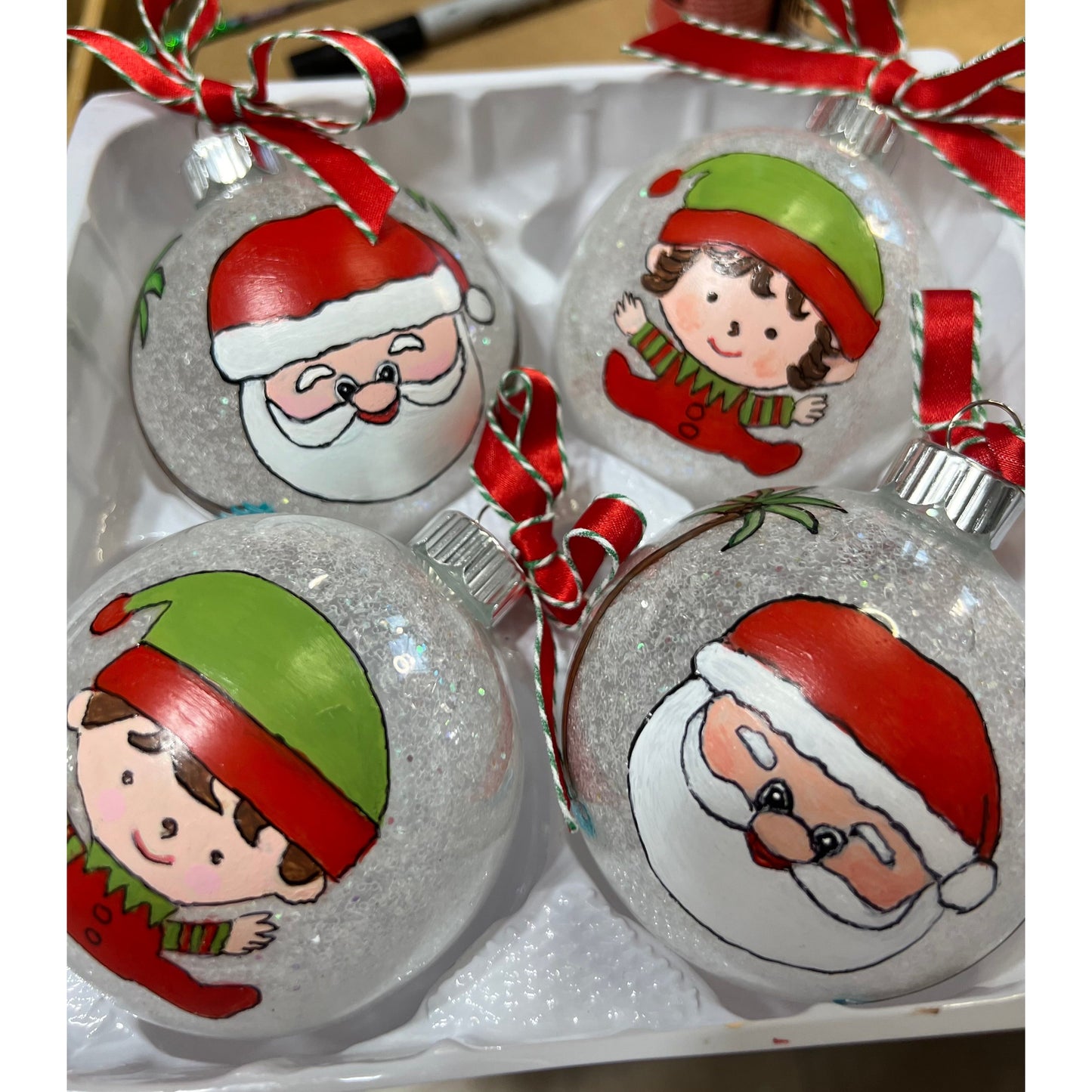 Hand Painted Santa and Elf Glass Ornaments (4) Set