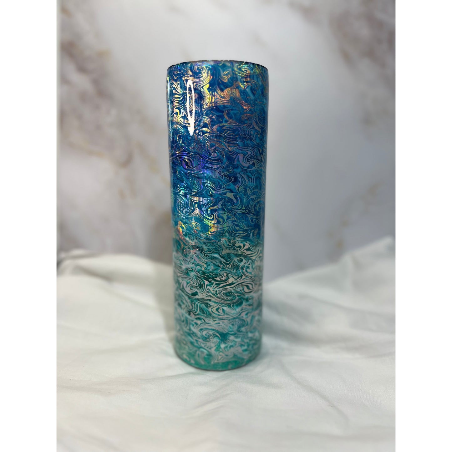 #89 silver Ocean Wave Foil over ombré Ocean on 30 oz Stainless Steel Tumbler