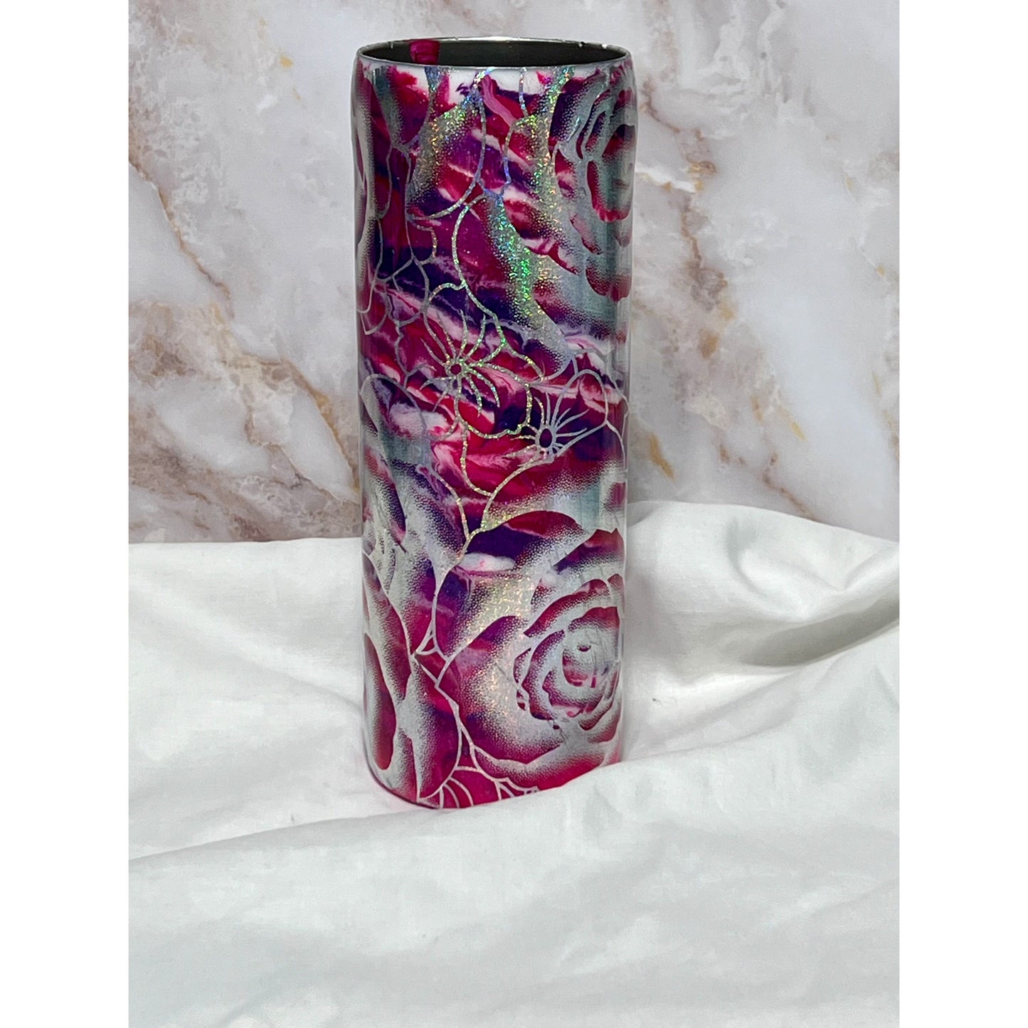 #114 Pink and Purple Foil Rose Tumbler on Stainless Steel 20oz Tumbler