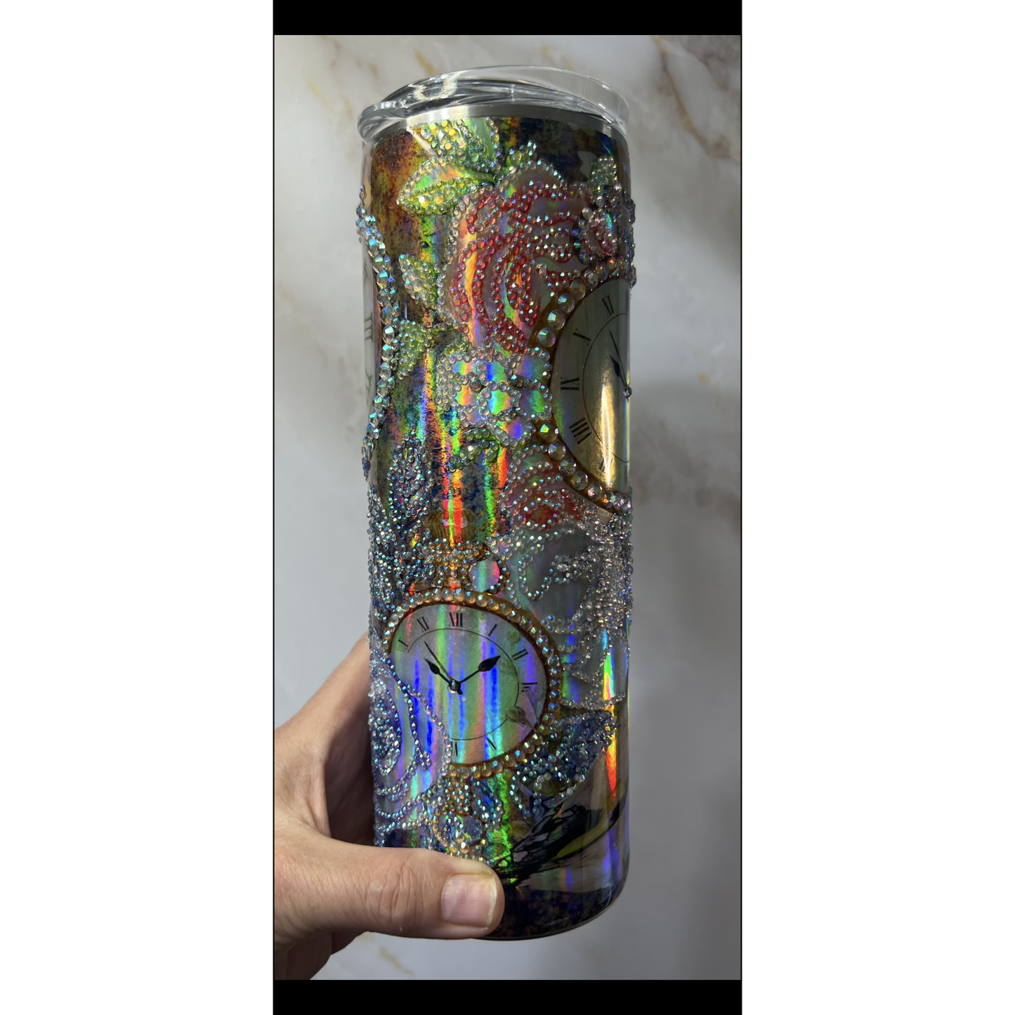 Rhinestone Rose and Clock on Stainless Steel 20 oz Tumbler