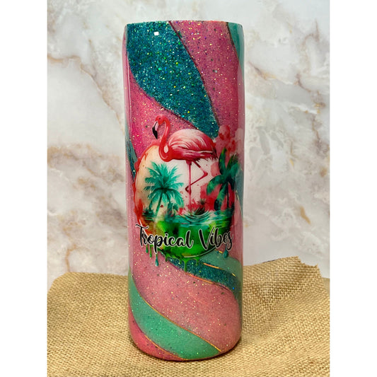 #136 Pink and Teal Glitter Swirl Flamingo 20 0z Stainless Steel 20oz Tumbler