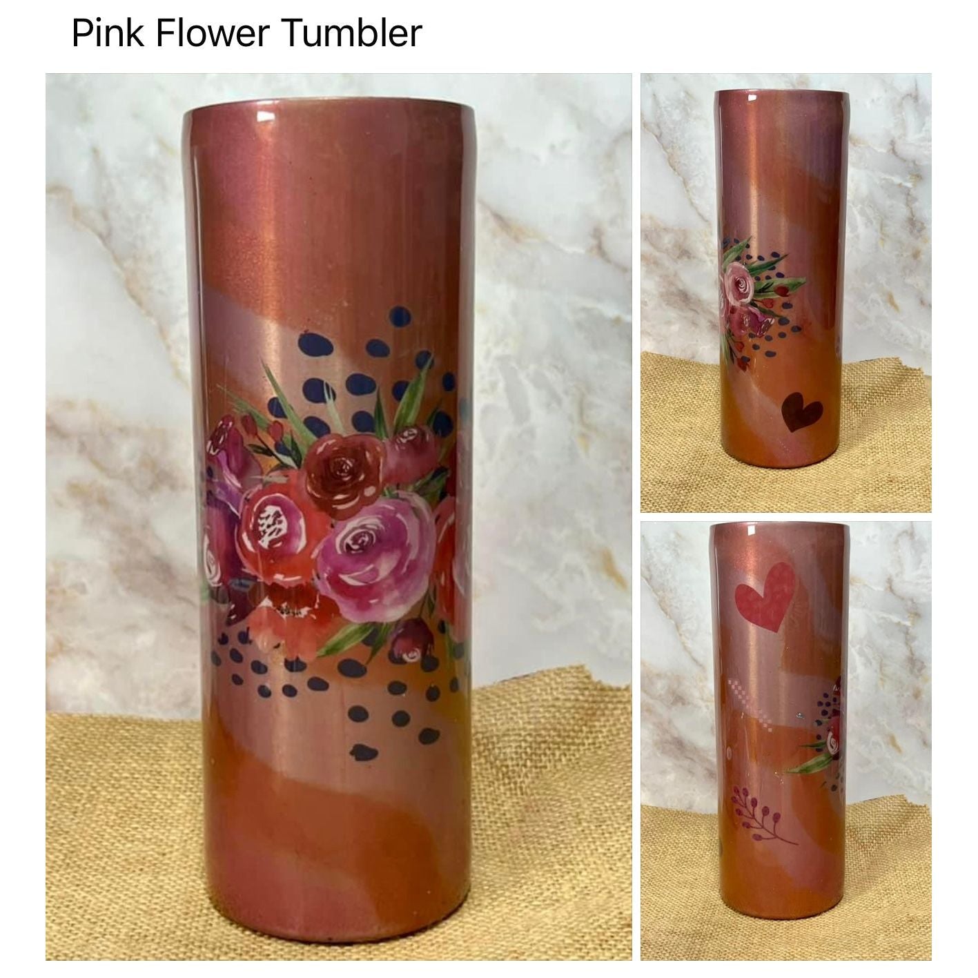 #134  Shimmery Pink Swirl with Flowers and Hearts on a 20 0z Stainless Steel Tumbler