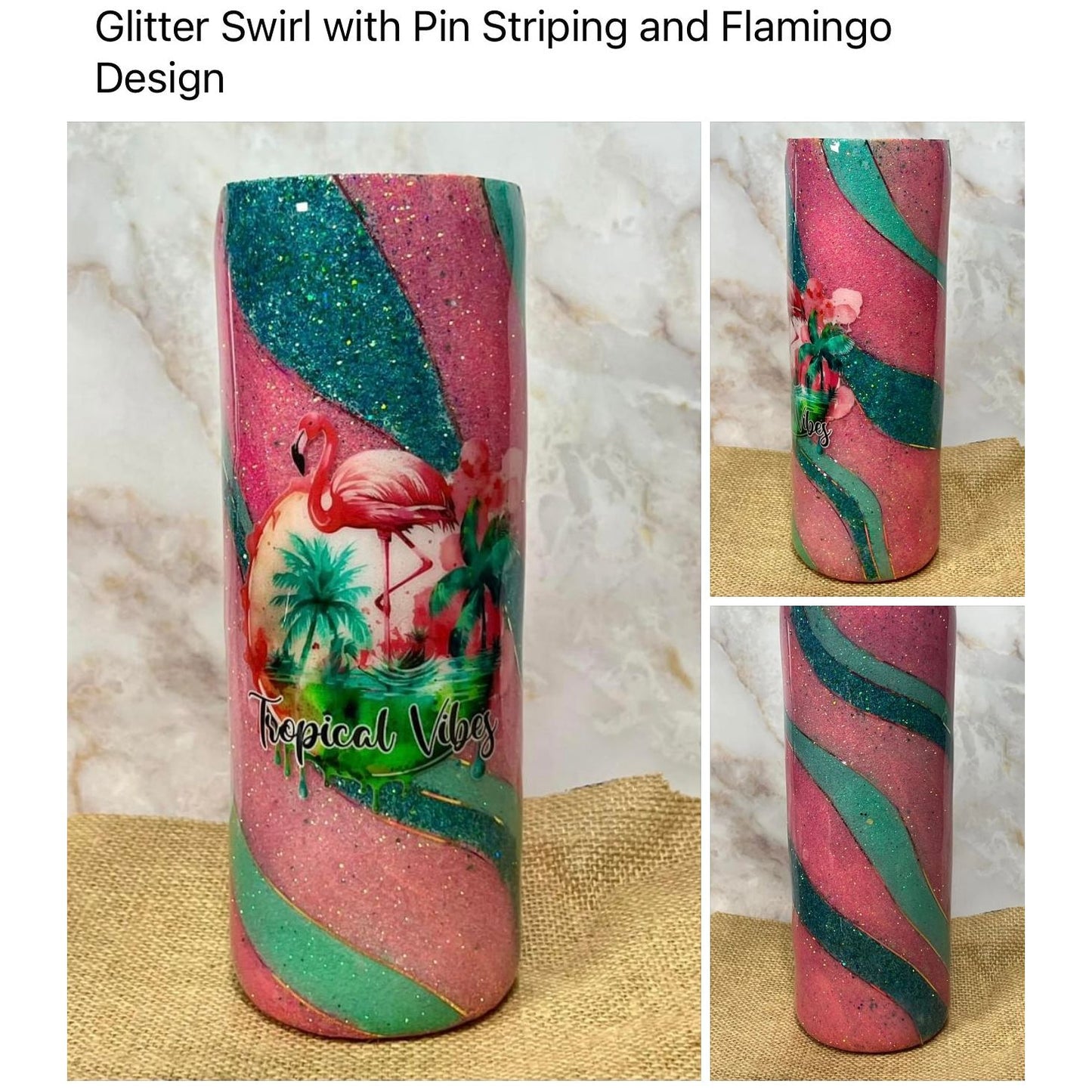 #136 Pink and Teal Glitter Swirl Flamingo 20 0z Stainless Steel 20oz Tumbler