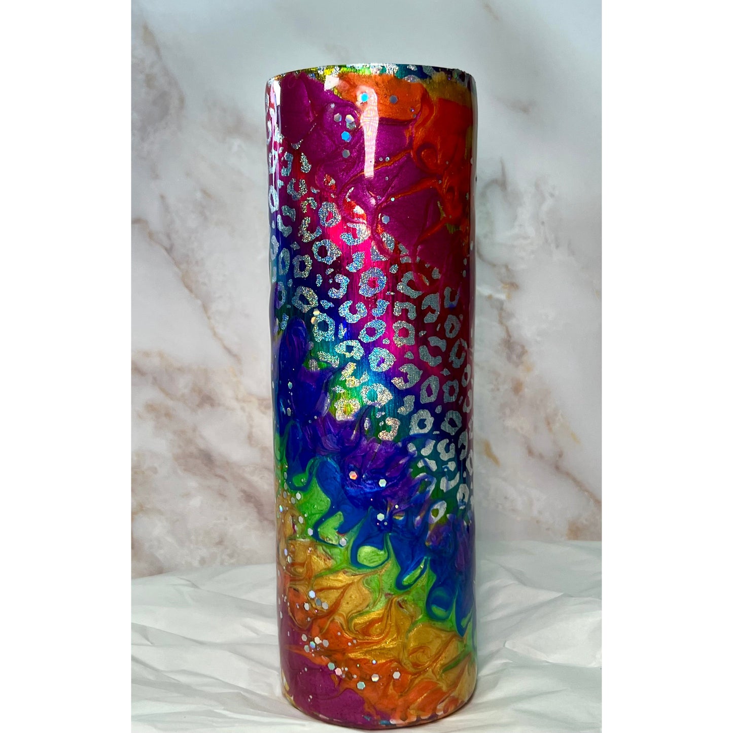 #133 Rainbow Leopard Foil with Rainbow Swirl of Color on 30oz Stainless Steel Tumbler