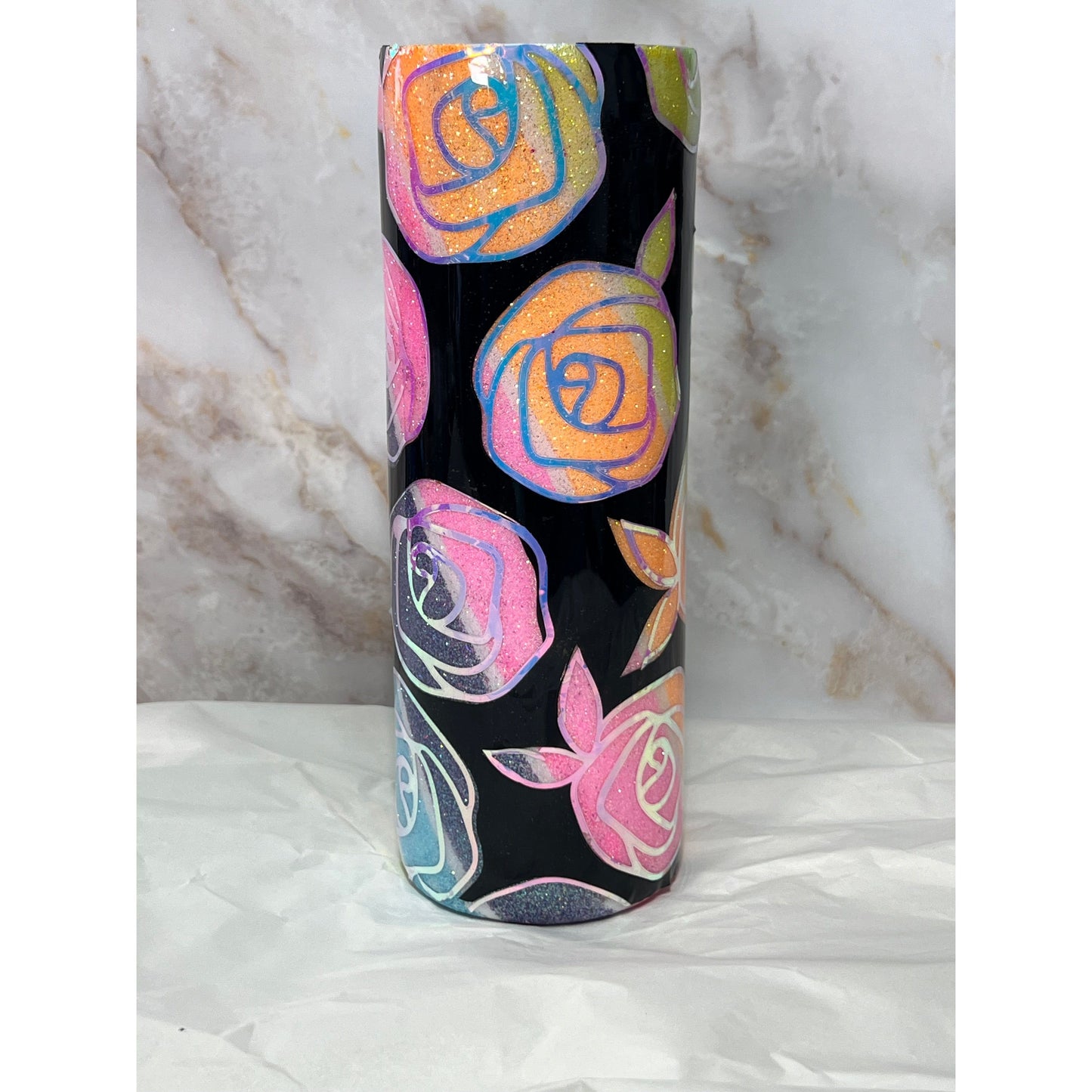 #146 Peekaboo Rose and Glitter Design on a 20 Oz Stainless Steel Tumbler