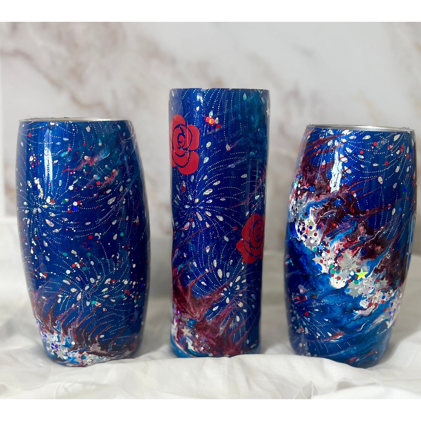 Patriotic Design on a 25 oz Stainless Steel Wine Tumbler with Fireworks Foil