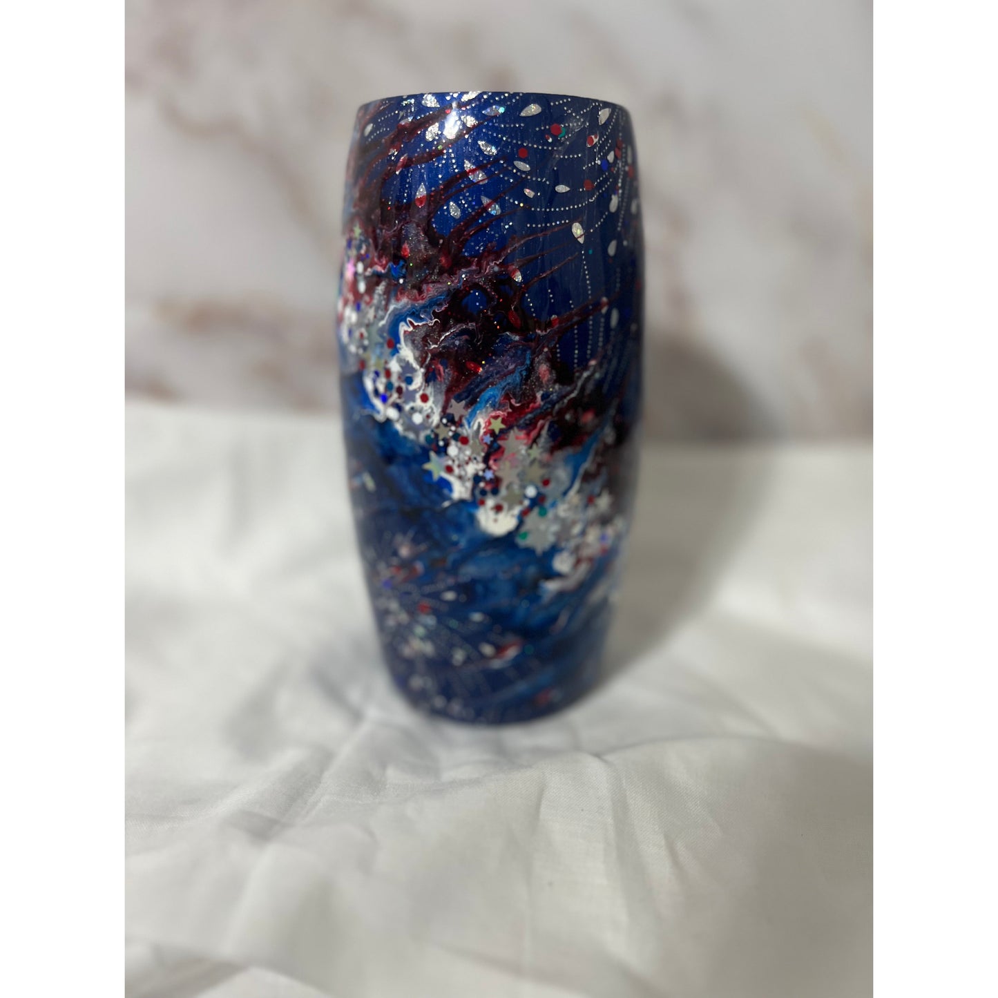 Patriotic Design on a 25 oz Stainless Steel Wine Tumbler with Fireworks Foil