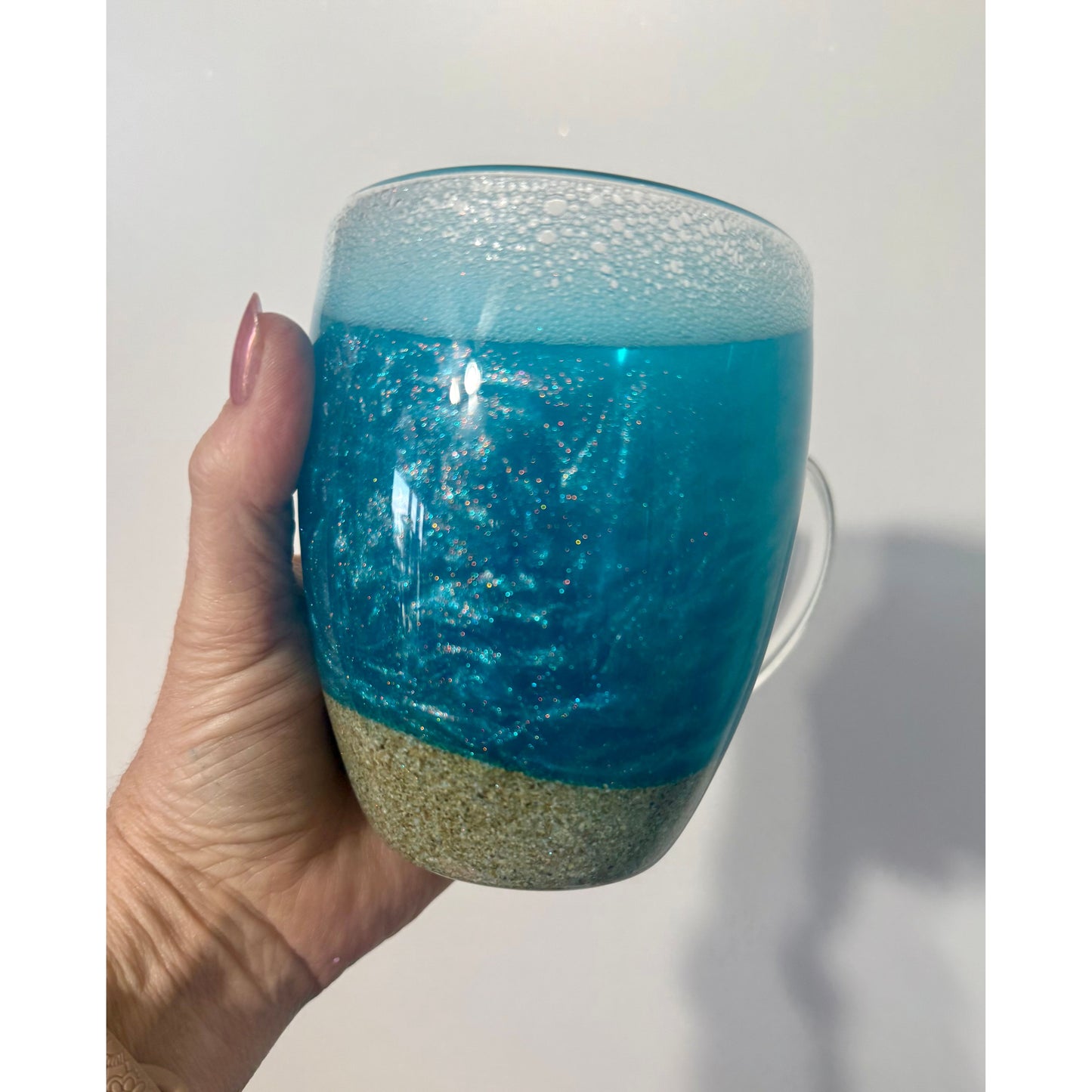 Ocean and Sand Snow Globe 14oz Glass Coffee Cup with Spoon